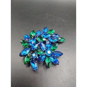 Vintage Glass Floral Brooch Dark Emerald Green & Blue Silver tone setting B4